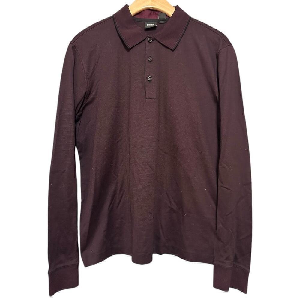 Boss Hugo Boss Mens Size S Plum Black Micro Stripe Cotton Long Sleeve Polo Shirt - Picture 2 of 9